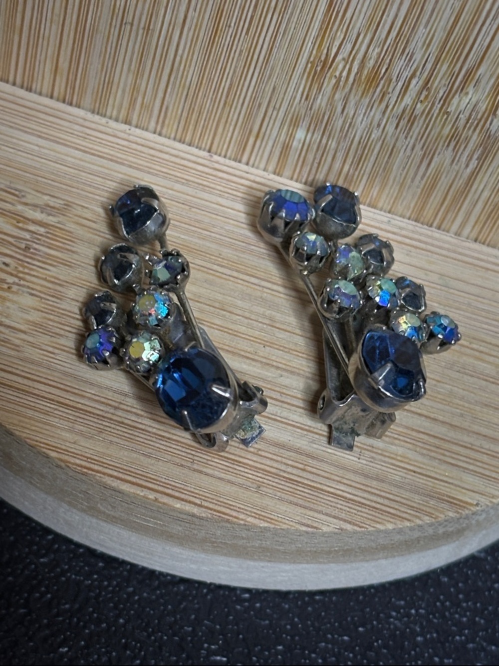 Vintage Weiss Signed Blue & AB Aurora Borealis Silver Clip-On Earrings